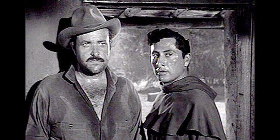 William Conrad as Chris Hamish and Victor Millan as Father Ignatius, finding Kallen and Elena together in The Ride Back (1957)