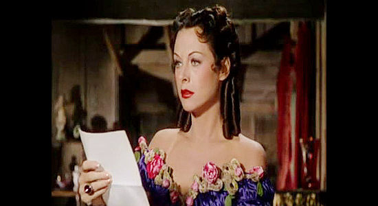 Hedy Lamarr as Lisa Roselle, realizing she's been outsmarted by a man who doesn't trust her in Copper Canyon (1950)