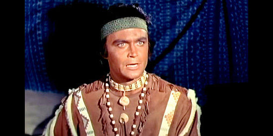 Lance Fuller as Colorados, the Blackfoot chief's son, pushing for peace with the whites in Cattle Queen of Montana (1954)