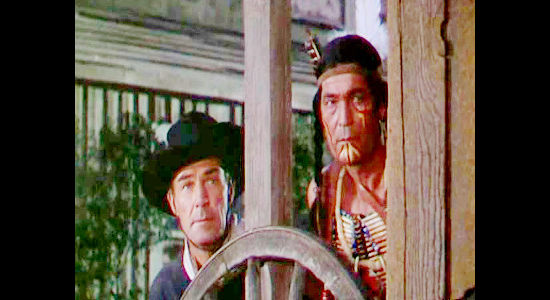 Randolph Scott as Steve Farrell and Chief Thundercloud as Walking Bear, working together during a showdown with Jason Brett's men in Colt .45 (1950)