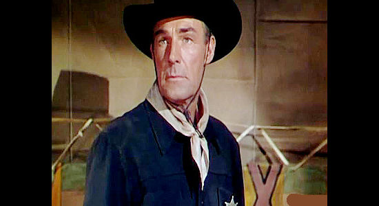 Randolph Scott as Steve Farrell, determined to recover two Colt .45 pistols Jason Brett has been using for a crime spree in Colt .45 (1950)
