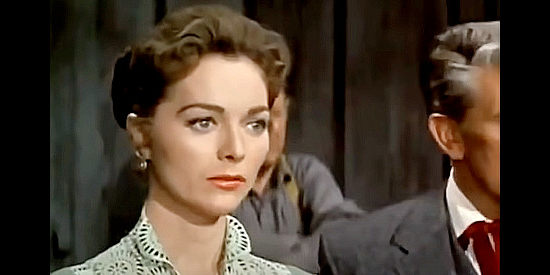 Joan Weldon as Myra Owens, waiting for Judge Scott to announce his sentence in Day of the Badman (1958)