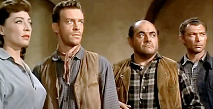 Cora Johnson (Marie Windsor), Howard Hayes (Skip Homeier), Charlie Hayes (Robert Middleton) and Jake Hayes (Lee Van Cleef) in Day of the Badman (1958)