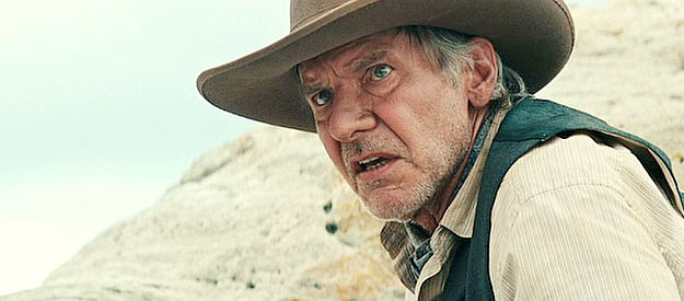 Harrison Ford as Woodrow Dolarhyde, desperate to rescue his spoiled son Percy in Cowboys and Aliens (2011)