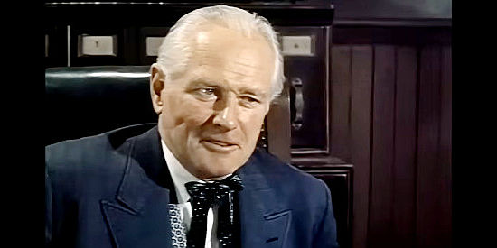 George Macready as Mayor Plummer, trying to get his hands on the Warren property in Thunder Over Arizona (1956)