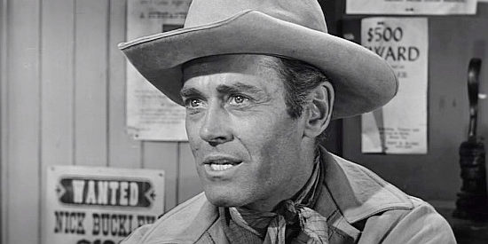 Henry Fonda as Morg Hickman, the lawman turned bounty hunter who takes Ben Owens under his wife in The Tin Star (1957)