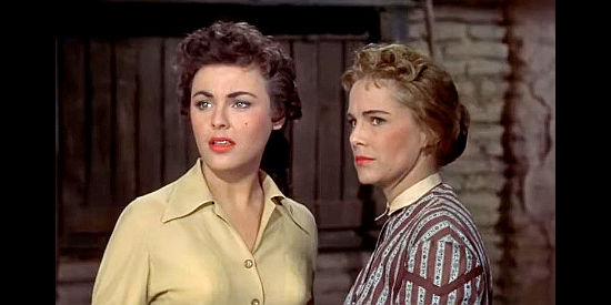 Kathleen Crowley as sheriff's wife Marva Gibbons and Jocelyn Brando as Corinne Michaels deciding Wick Campbell can't be trusted in Ten Wanted Men (1955)