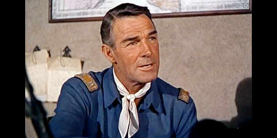 Randolph Scott as Capt. David Porter, a Texan serving in the occupational army after the Civil War in Thunder Over the Plains (1953)