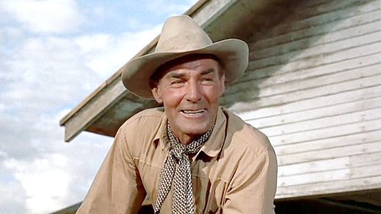 Randolph Scott as Pat Brennan, looking to buy a seed bull in The Tall T (1957)