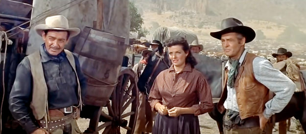 Ben Allison (Clark Gable), Nella Turner (Jane Russell) and Nathan Stark (Robert Ryan), knowing an encounter with Red Cloud's Sioux awaits in The Tall Men (1955)
