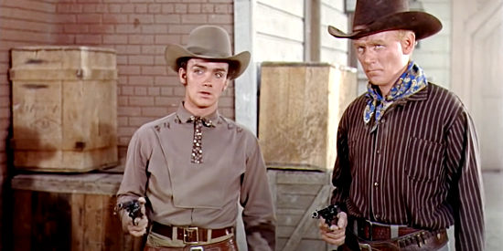 Ben Cooper as The Kid and Harry Carey Jr. as Bert, two of Maj. Linton Cosgrave's men in The Outcast (1954)