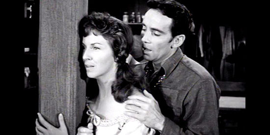 Betsy Blair as Martha Halliday with Jivaro Burris (Christopher Dark), the man she loves, in The Halliday Brand (1957)