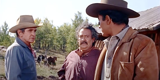 Bob Steele as Dude Rankin and Nacho Galindo as Curly, two of Jet Cosgrave's hired hands in The Outcast (1954)