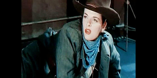 Jane Russell as Belle Starr, caught up in the robbery of yet another bank in Montana Belle (1952)