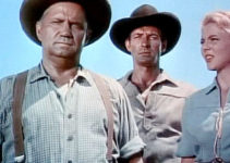 Walter Sande as Dennison, Jock Mahoney as Ross Granger and Peggie Castle as Ann Dennison in Overland Pacific (1954)