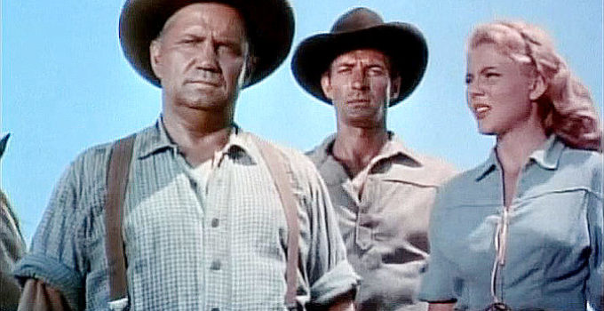 Walter Sande as Dennison, Jock Mahoney as Ross Granger and Peggie Castle as Ann Dennison in Overland Pacific (1954)