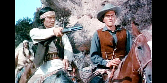 Pat Hogan as Dark Thunder, pointing out to Del Stewart (William Bishop) how the Indians have been lied too in Overland Pacific (1954)