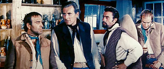 Paul Piaget as Dan (second from left) and Claudio Undari as brother Billy (right) with friends Olo (Jose Marco) and Chinto (Raf Baldassare) in The Shadow of Zorro (1962)