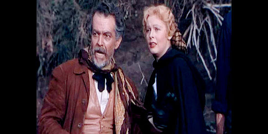 Ramon Navarro as Don Antonio Chaves and Arlene Dahl as Jen Gort, reacting to a dangerous river crossing in The Outriders (1950)