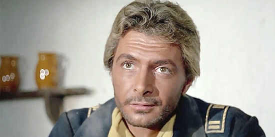Tony Anthony as The Stranger, posing at a U.S. cavalry officer in A Stranger in Town (1966)
