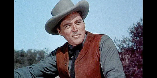 William Bishop as Del Stewart, trying to convince Dennison to route the railroad through Oak Town in Overland Pacific (1954)