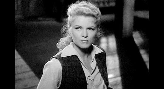 Claire Trevor as Janie McDougall, upset at being left behind again as the men head off to battle in Allegheny Uprising (1939)