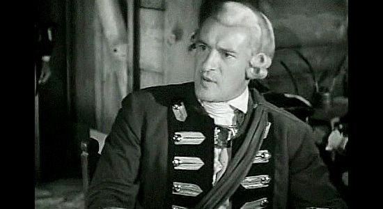 George Sanders as Capt. Swanson, the British officer who develops a grudge for Jim Smith in Allegheny Uprising (1939)