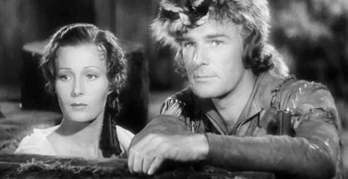 Binnie Barnes as Alice Munro and Randolph Scott as Hawkeye, wondering what's ahead with the fort under seige in Last of the Mohicans (1936)