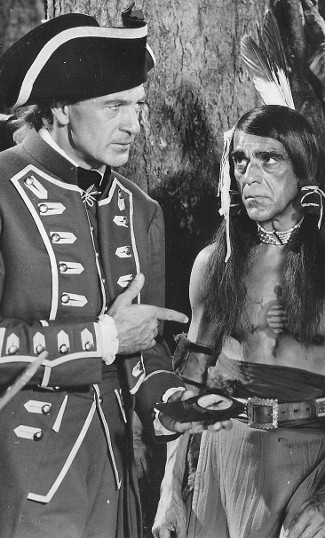 Gary Cooper as Christopher Holden ith Boris Karloff as Guyasuta in The Unconquered (1947)