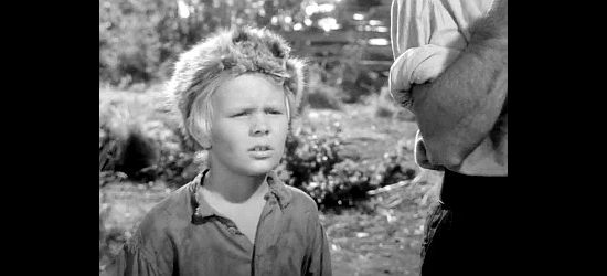 Gary Gray as young Davey, distressed that Rachel struggles to make the cabin in danger whistle in Rachel and the Stranger (1948)