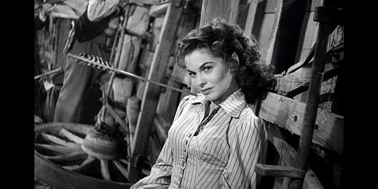 Joanne Dru as Tess Millay, wounded during the Indian attack in Red River (1948)