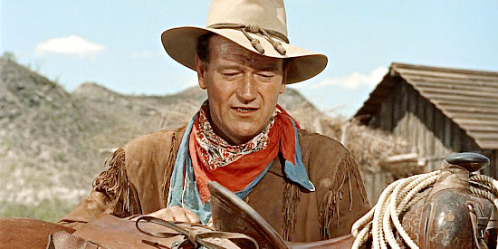 John Wayne as Hondo Lane, remembering his Apache wife in Hondo (1953)