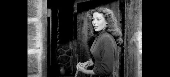 Loretta Young as Rachel Harvey, trying to understand what's expected of her in Rachel and the Stranger (1948)