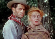 Evelyn Keyes as Hannah Brockway with Ben Denbow (Larry Parks), the outlaw she runs off with in Renegades (1946)