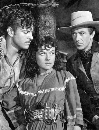 Robert Preston as Ronnie Logan, Paulette Goddard as Louvette Corbeau and Gary Cooper as Dusty Rivers in North West Mounted Police (1940)