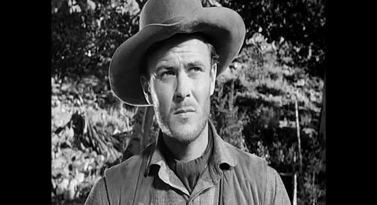 Robert Sterling as Clay Phillips, a rancher who finds himself with four ostracized saloon girls on his hands in Roughshod (1949)