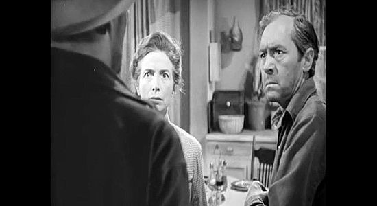 Sara Haden and James Bell as Ma and Pa Wyatt, when Clay Phillips comes knocking on their door in Roughshod (1949)