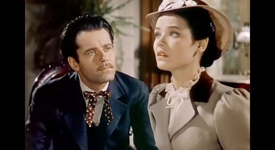 Henry Fonda as Frank James and Gen.e Tierney as Eleanor Stone, listening to the story of how Frank James died in The Return of Frank James (1940)
