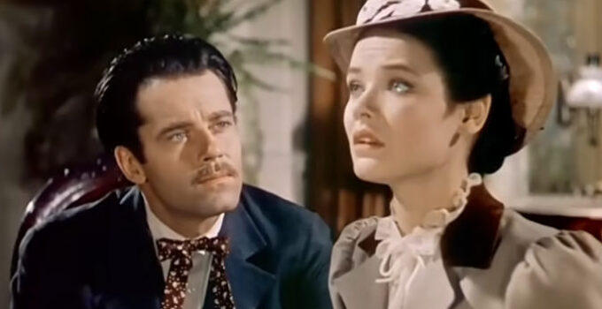 Henry Fonda as Frank James and Gen.e Tierney as Eleanor Stone, listening to the story of how Frank James died in The Return of Frank James (1940)