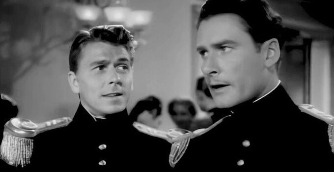 Ronald Reagan as George Armstrong Custer and Errol Flynn as Jeb Stuart, friends on the battlefield, vying for the same woman off it in Santa Fe Trail (1940)