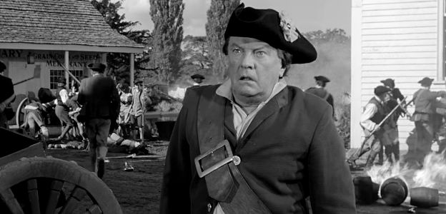 Basil Sydney as supposedly loyal Lawyer Hawkins, leading colonists into battle in The Devil's Disciple (1959)