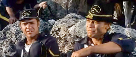 Bruce Talbot as Fred and Todd Martin as Hillstrom contemplate their future in the Army in Finger on the Trigger (1965)