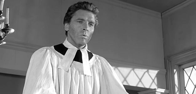 Burt Lancaster as the Rev. Anthony Anderson, a meek preacher who turns revoluntionary in The Devil's Disciple (1959)
