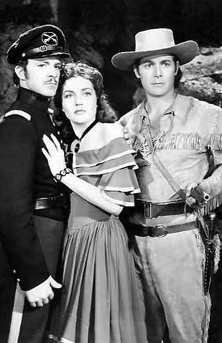 Dana Andrews as John Fremont, Lynn Bari as Dolores Murphy and Jon Hall as Kit Carson in Kit Carson (1940)