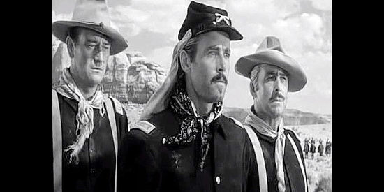 John Wayne as Capt. Kirby York, Henry Fond as Lt. Col. Owen Thursday and George O'Brien as Capt. Sam Collingwood in Fort Apache (1948)