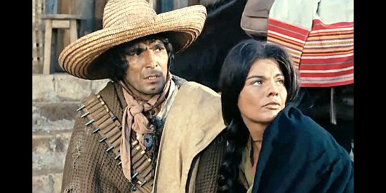 Jose Torres as Garcia with wife Mercedes (Barbara Simon), forced to answer for betraying Django in Django Prepare a Coffin (1968)
