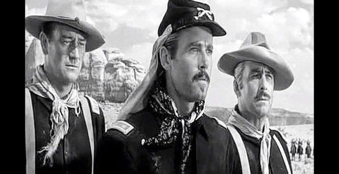 John Wayne as Capt. Kirby York, Henry Fond as Lt. Col. Owen Thursday and George O'Brien as Capt. Sam Collingwood in Fort Apache (1948)