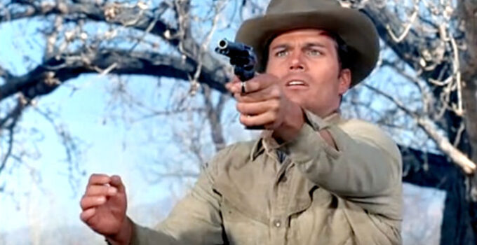 Patrick Wayne as Benny Wallace, learning to shoot without his eyes in An Eye for an Eye (1966)