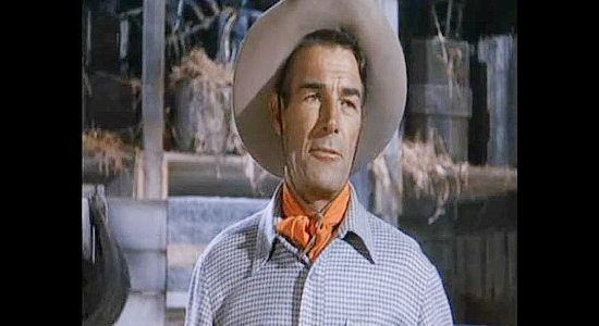 Randolph Scott as Brazos Kane, a man who won't wear guns and won't steer clear of trouble in Gunfighters (1947)