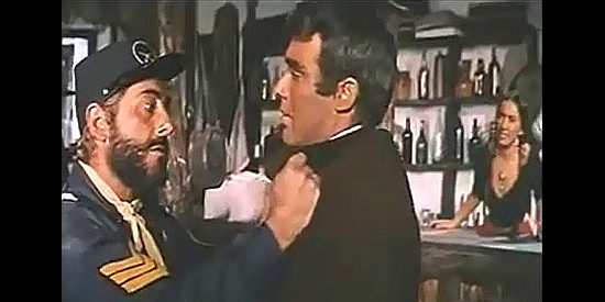 Angel Ter as Sgt. Taylor confronts Indian trader Henry (Frank Brana)   in The Secret of Captain O'Hara (1968)